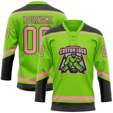 Custom Neon Green Hockey Jersey with Pink and Black Lace, Personalized with Name and Number - Medium Size Personalized Neon