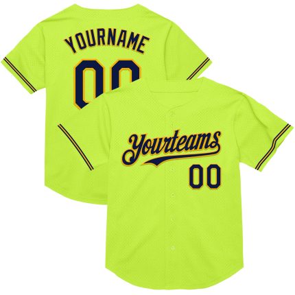 Custom Name and Number Neon Green Navy-Gold Baseball Jersey - Personalized Mesh Authentic Throwback Team Apparel Personalized