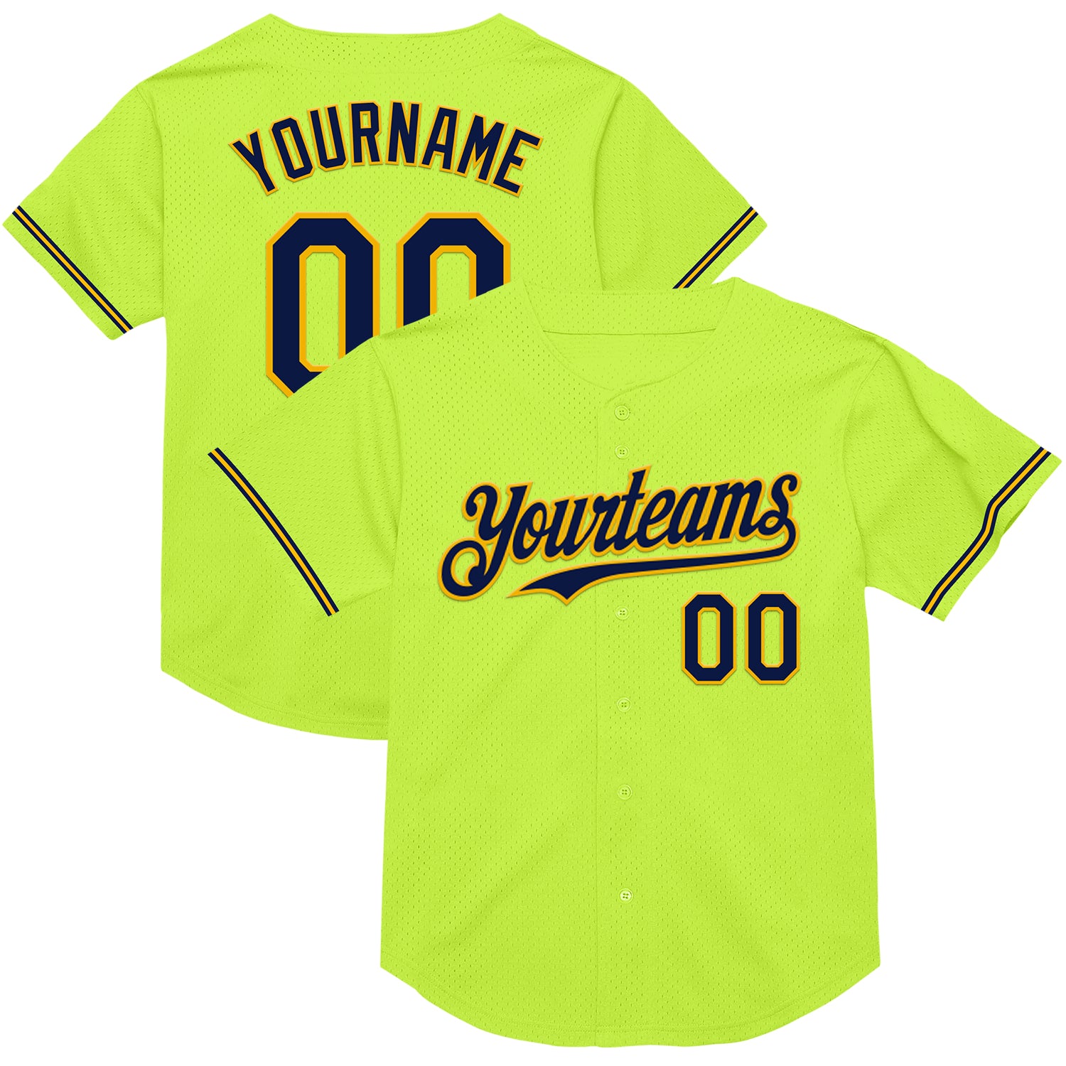 Custom Name and Number Neon Green Navy-Gold Baseball Jersey - Personalized Mesh Authentic Throwback Team Apparel Personalized