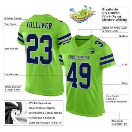 Custom Football Jersey with Personalized Name and Number - Neon Green Navy-Gray Mesh Authentic Design Personalized Neon Green