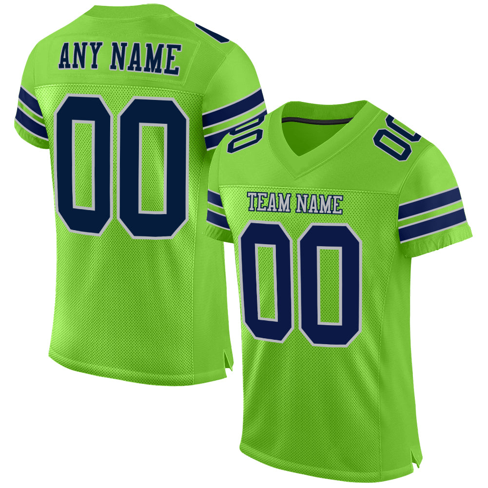 Custom Football Jersey with Personalized Name and Number - Neon Green Navy-Gray Mesh Authentic Design Personalized Neon Green