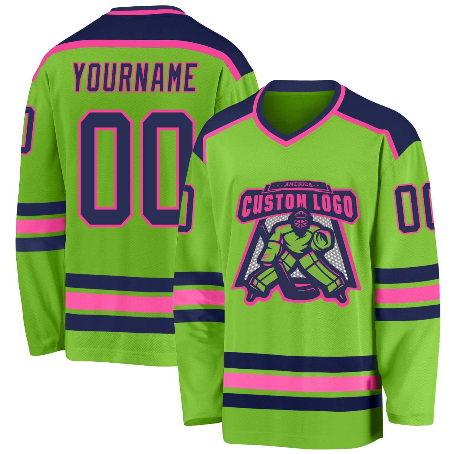 Custom Name and Number Hockey Jersey - Personalized Neon Green Navy-Pink Team Apparel Personalized Neon Green Navy-Pink Hockey