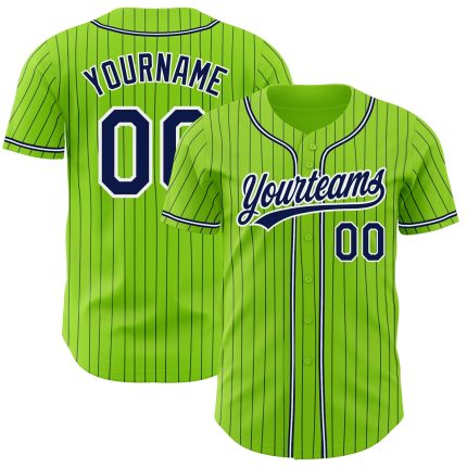 Personalized Authentic Baseball Jersey - Neon Green Navy Pinstripe Design Personalized Neon Green Navy Pinstripe Navy-White