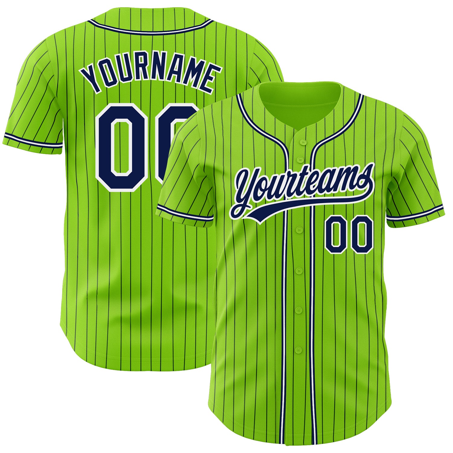 Personalized Authentic Baseball Jersey - Neon Green Navy Pinstripe Design Personalized Neon Green Navy Pinstripe Navy-White