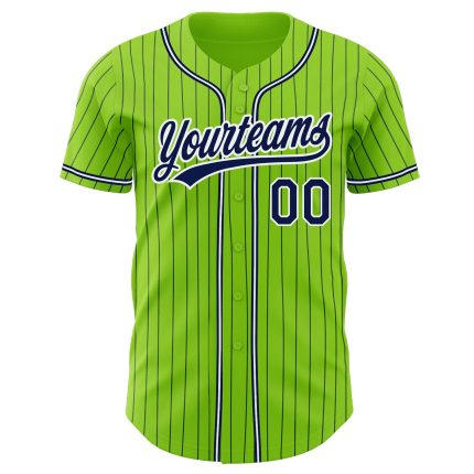 Personalized Authentic Baseball Jersey - Neon Green Navy Pinstripe Design Personalized Neon Green Navy Pinstripe Navy-White