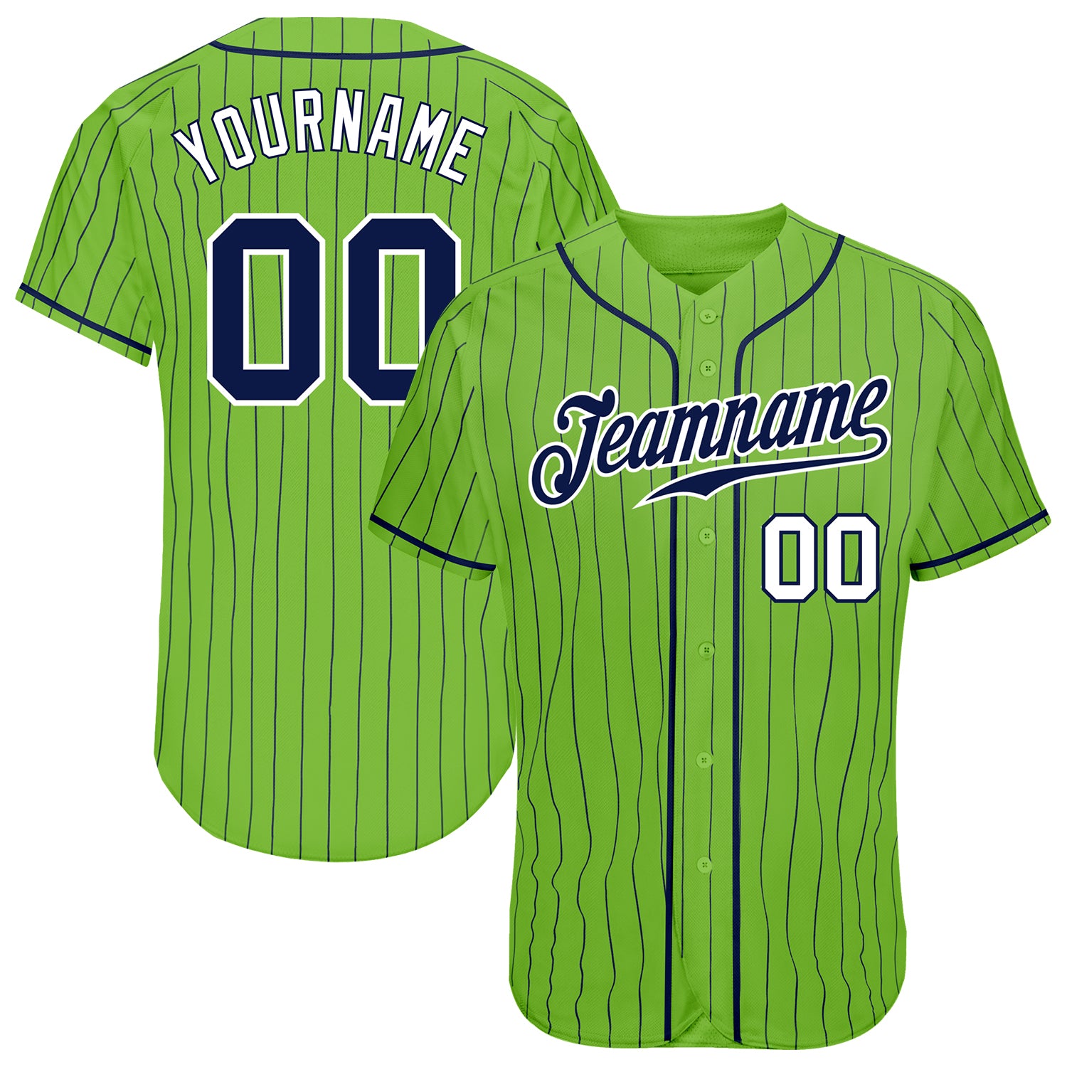 Custom Personalized Baseball Jersey with Name and Number - Neon Green Navy Pinstripe Authentic Design Personalized Neon Green
