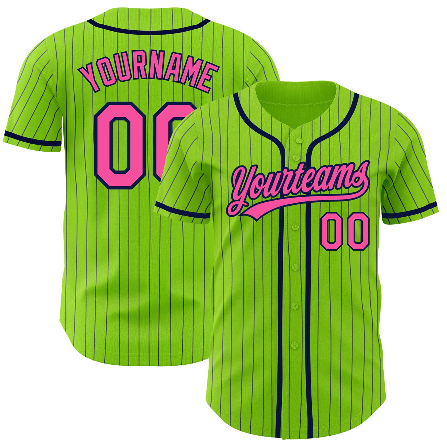 Custom Name Number Baseball Jersey - Personalized Neon Green Navy Pinstripe Design Personalized Neon Green Navy Pinstripe