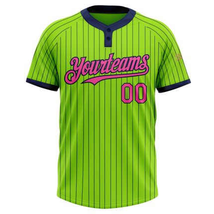 Custom Name and Number Softball Jersey - Personalized Navy Pinstripe Neon Green Pink Two-Button Unisex Design Personalized