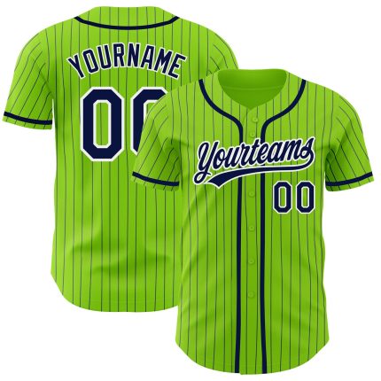 Custom Name and Number Personalized Baseball Jersey - Neon Green Navy Pinstripe White Authentic Style Personalized Neon Green