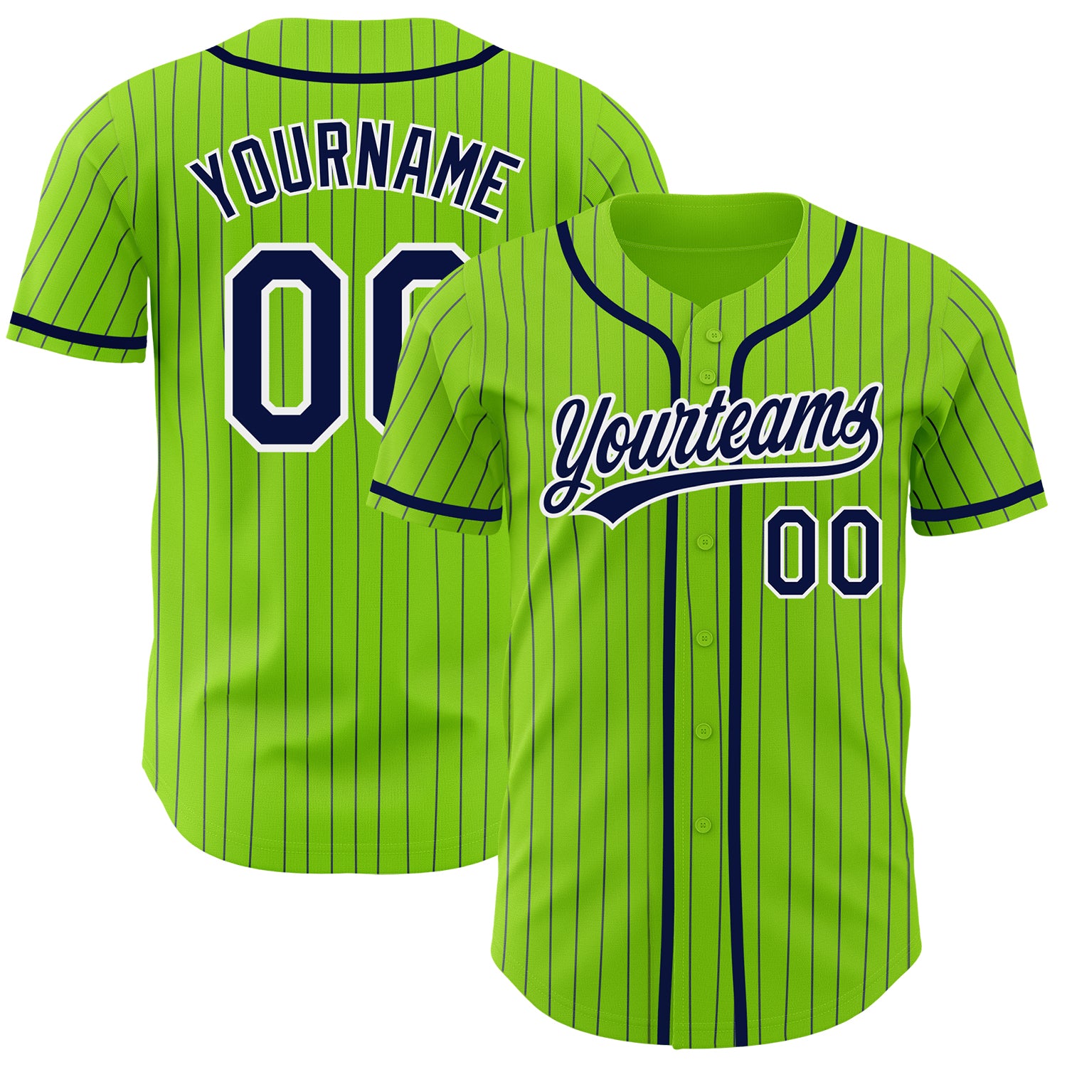 Custom Name and Number Personalized Baseball Jersey - Neon Green Navy Pinstripe White Authentic Style Personalized Neon Green