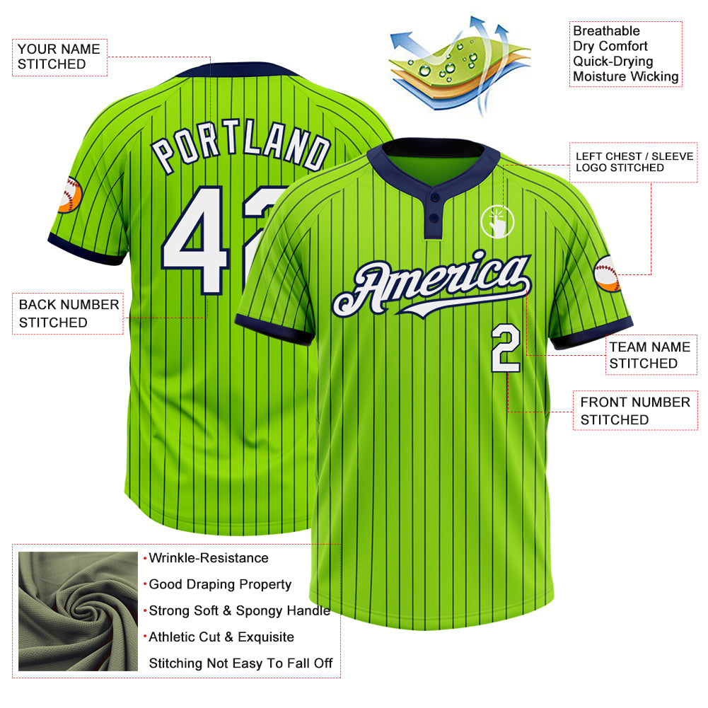 Personalized Neon Green Navy Pinstripe White Two-Button Unisex Softball Jersey Team Custom Name and Number Custom Name and Number Unisex Softball Jersey in Neon Green Navy Pinstripe Two-Button Design Personalized Neon Green Navy - Image 3