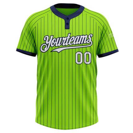 Custom Name and Number Unisex Softball Jersey in Neon Green Navy Pinstripe Two-Button Design Personalized Neon Green Navy