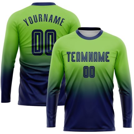 Custom Soccer Jersey with Personalized Name and Number, Neon Green Navy Fade Long Sleeve Sublimation Uniform Personalized