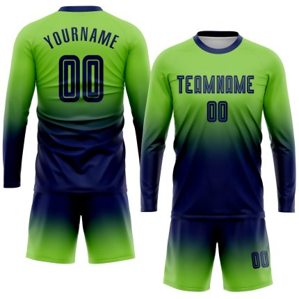 Custom Soccer Jersey with Personalized Name and Number, Neon Green Navy Fade Long Sleeve Sublimation Uniform Personalized