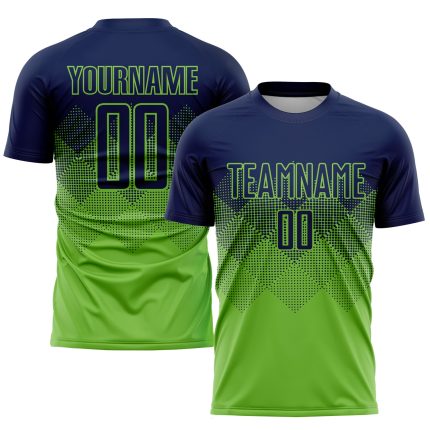 Custom Neon Green Navy Soccer Uniform Jersey with Personalized Name and Number Personalized Neon Green Navy Sublimation Soccer