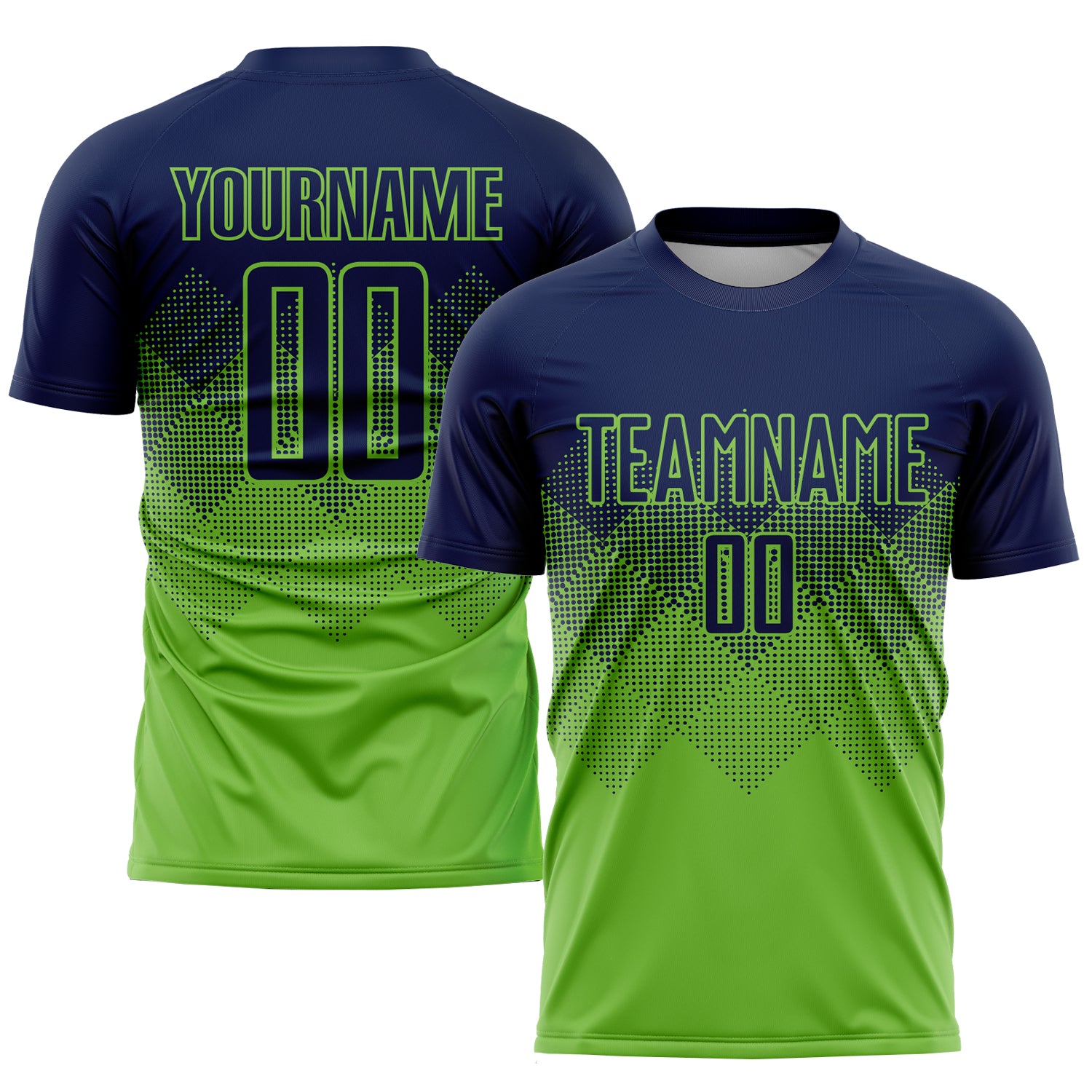 Custom Neon Green Navy Soccer Uniform Jersey with Personalized Name and Number Personalized Neon Green Navy Sublimation Soccer