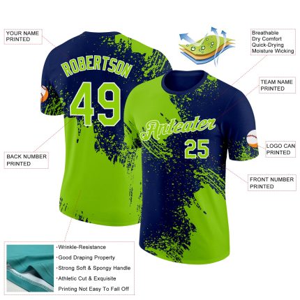 Custom Name and Number 3D Pattern Performance T-Shirt in Neon Green Navy-White Brush Stroke Design Personalized Neon Green