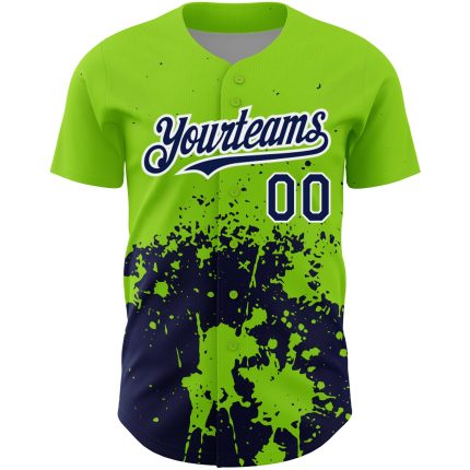 Personalized 3D Pattern Abstract Splash Grunge Art Baseball Jersey - Custom Neon Green Navy-White Team Name & Number Personalized