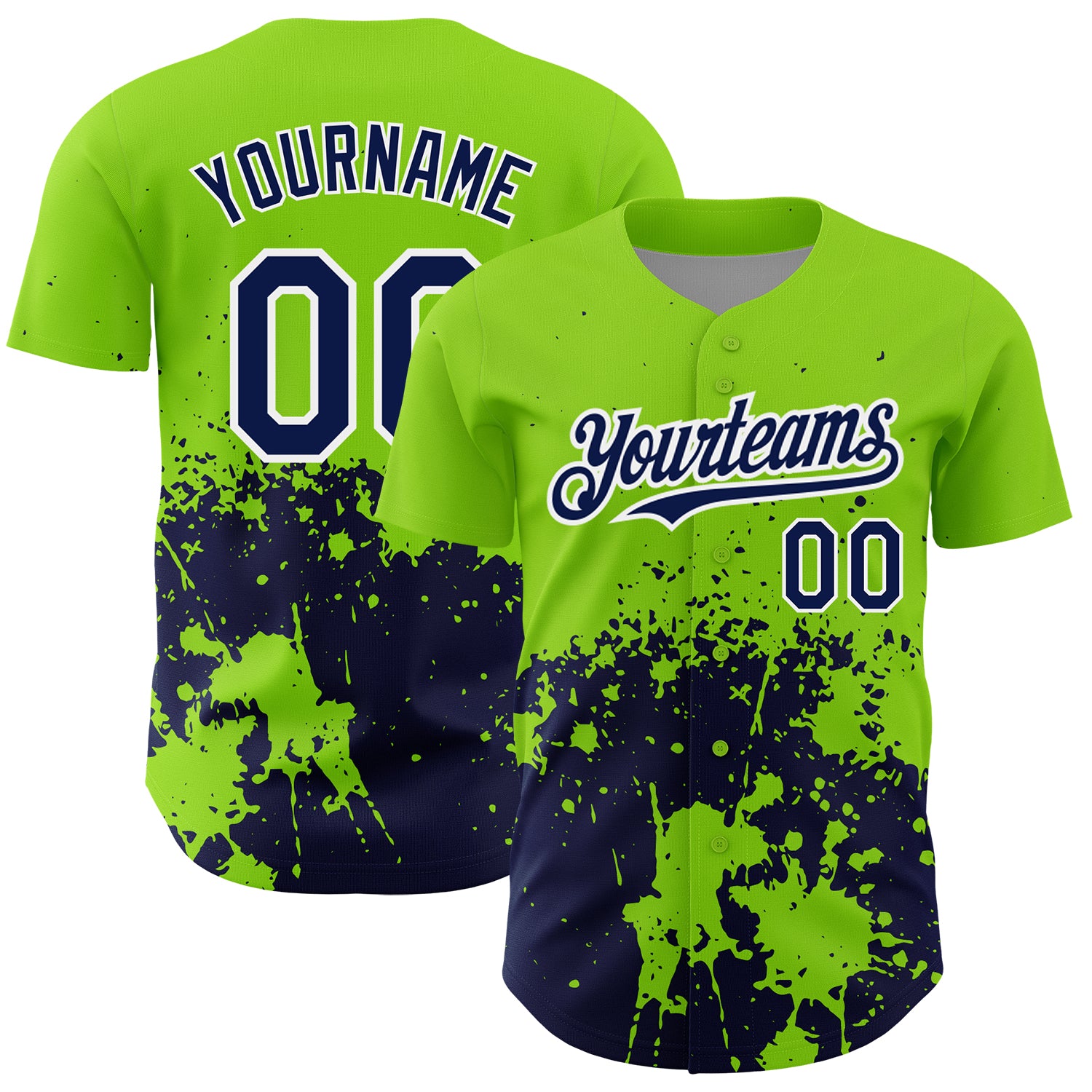 Personalized 3D Pattern Abstract Splash Grunge Art Baseball Jersey - Custom Neon Green Navy-White Team Name & Number Personalized