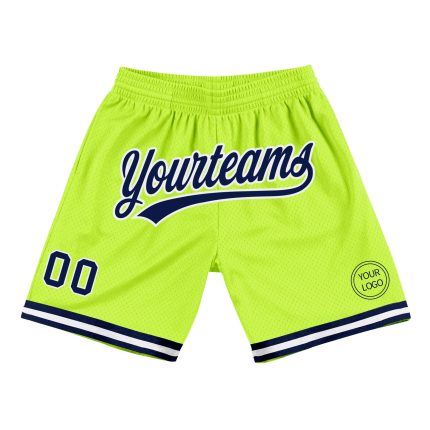 Personalized Neon Green Navy White Basketball Shorts - Authentic Throwback Style Personalized Neon Green Navy-White Authentic