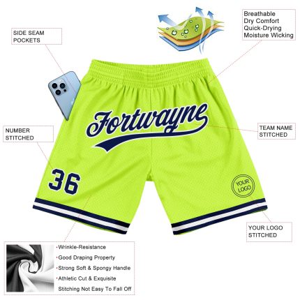 Personalized Neon Green Navy White Basketball Shorts - Authentic Throwback Style Personalized Neon Green Navy-White Authentic