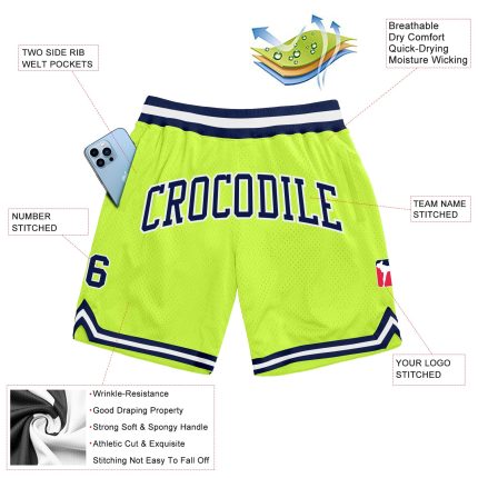 Custom Team Basketball Shorts with Personalized Name and Number - Neon Green Navy-White Authentic Throwback Design Personalized
