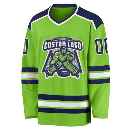 Personalized Hockey Jersey in Neon Green and Navy-White Colors Personalized Neon Green Navy-White Hockey Jersey
