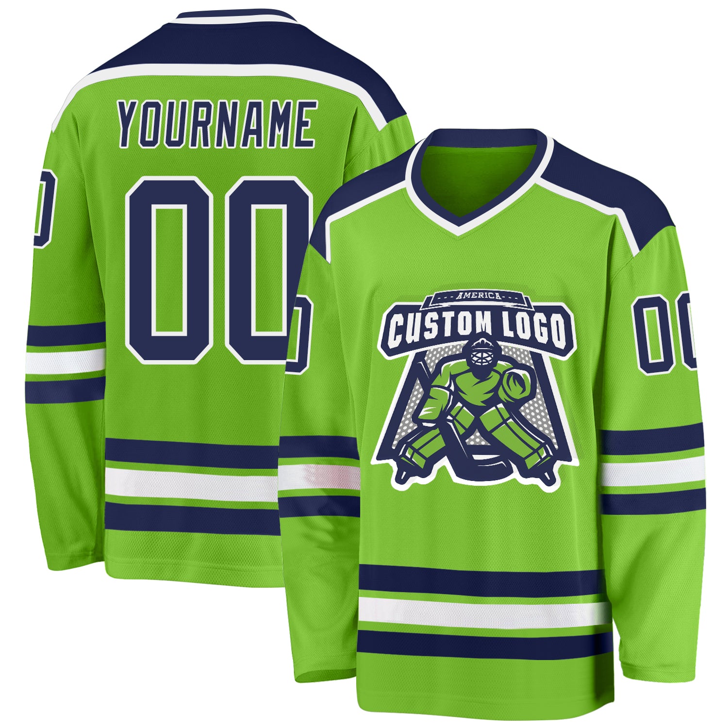 Personalized Hockey Jersey in Neon Green and Navy-White Colors Personalized Neon Green Navy-White Hockey Jersey