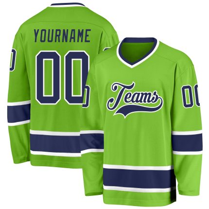 Custom Name and Number Hockey Jersey - Personalized Neon Green Navy-White Team Jersey Personalized Neon Green Navy-White