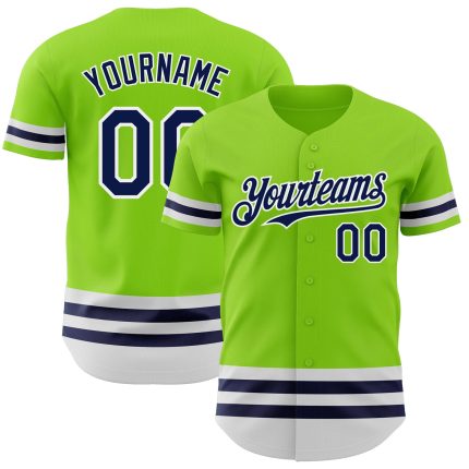 Custom Name and Number Authentic Baseball Jersey - Personalized Neon Green with Navy-White Lines Personalized Neon Green