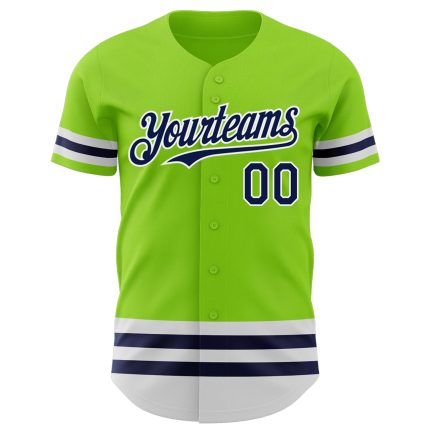 Custom Name and Number Authentic Baseball Jersey - Personalized Neon Green with Navy-White Lines Personalized Neon Green