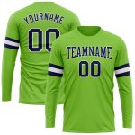 Custom Team Name Number Long Sleeve Performance T-Shirt - Personalized Neon Green Navy-White Design Personalized Neon Green