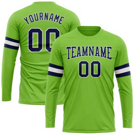 Custom Team Name Number Long Sleeve Performance T-Shirt - Personalized Neon Green Navy-White Design Personalized Neon Green