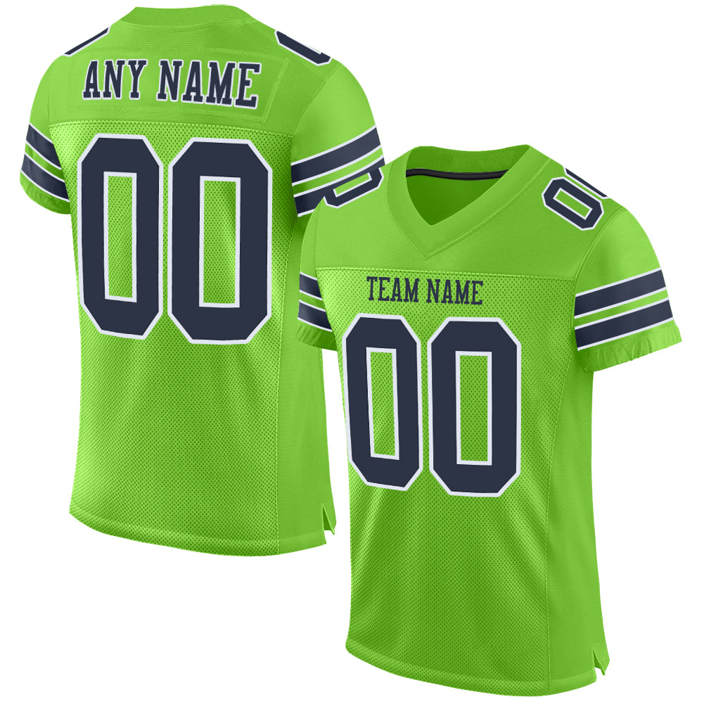 Custom Football Jersey with Personalized Name and Number - Neon Green Navy-White Mesh Authentic Design Personalized Neon