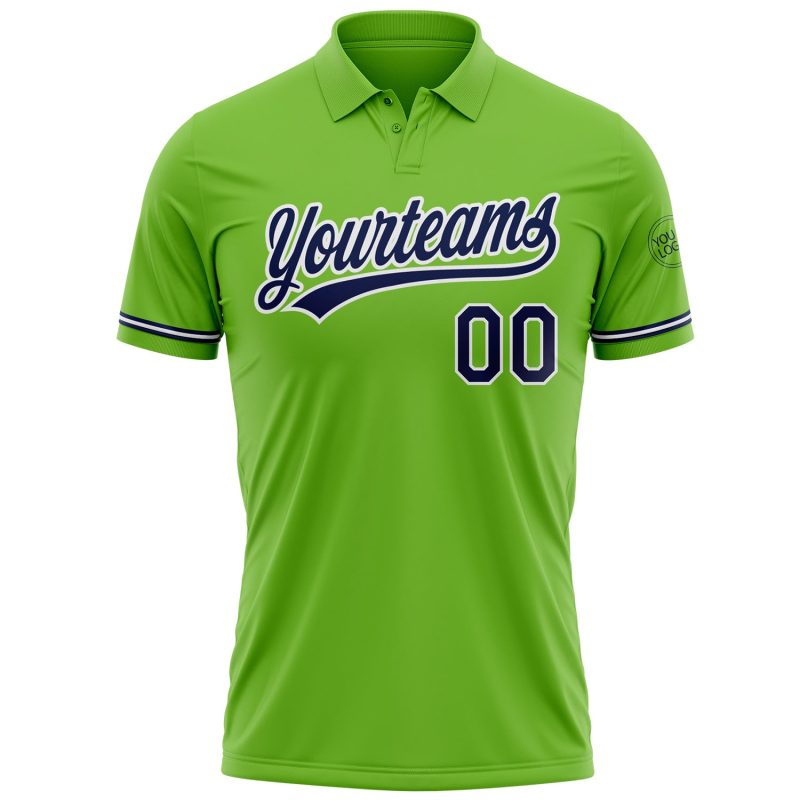 Custom Team Name Number Golf Polo Shirt - Personalized Navy White Neon Green Performance Personalized Neon Green Navy-White