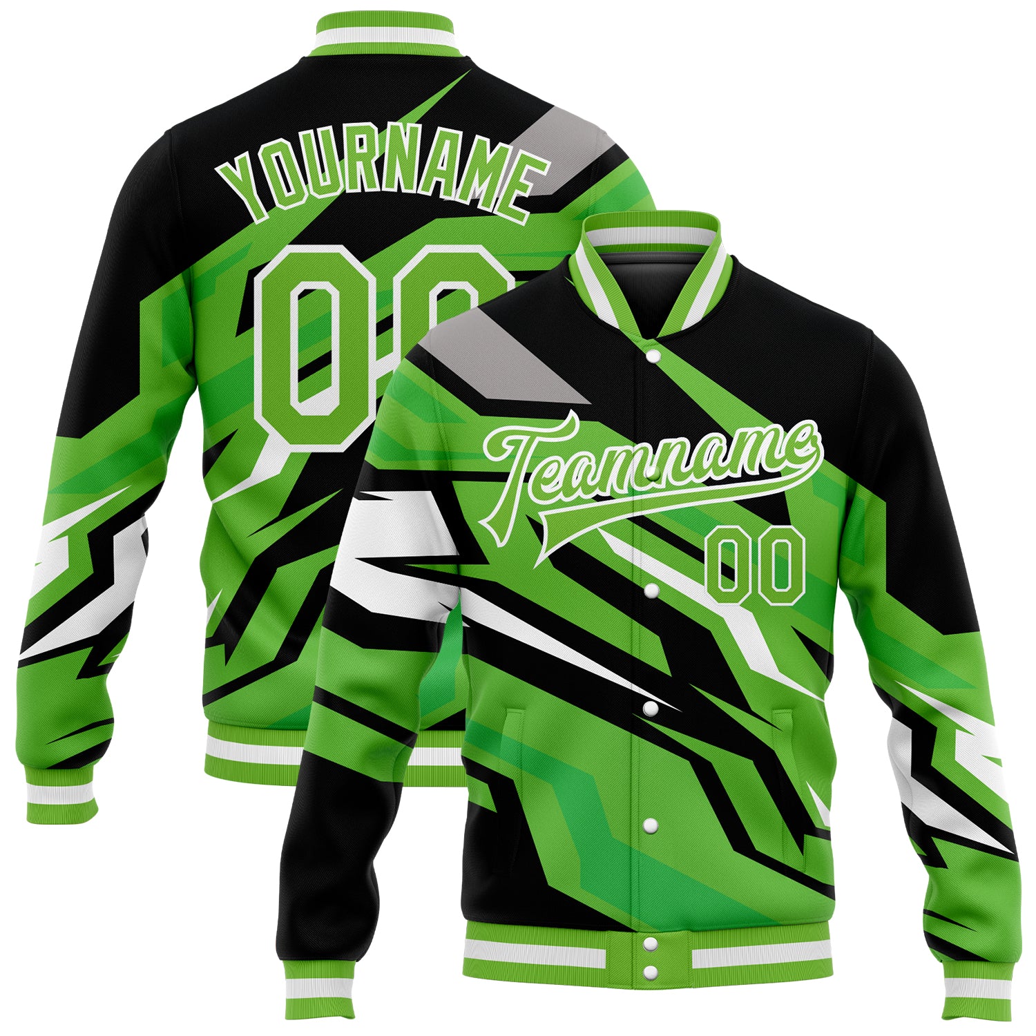 Custom Name Number Bomber Jacket Varsity Letterman 3D Pattern Design Neon Green Black-Gray Full-Snap Personalized Style Personalized