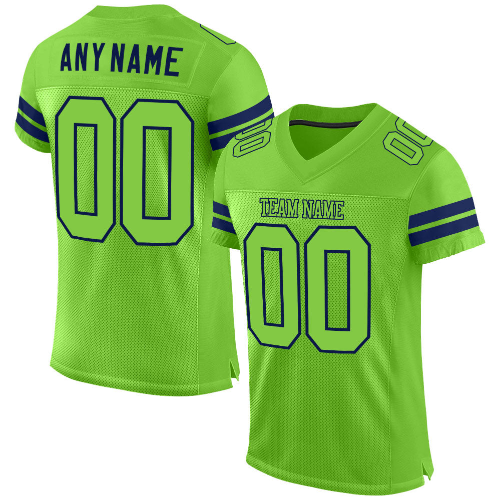 Customizable Neon Green Navy Mesh Football Jersey with Personalized Name and Number Personalized Neon Green Neon Green-Navy