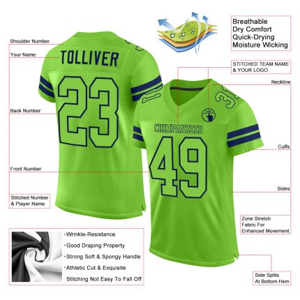 Customizable Neon Green Navy Mesh Football Jersey with Personalized Name and Number Personalized Neon Green Neon Green-Navy