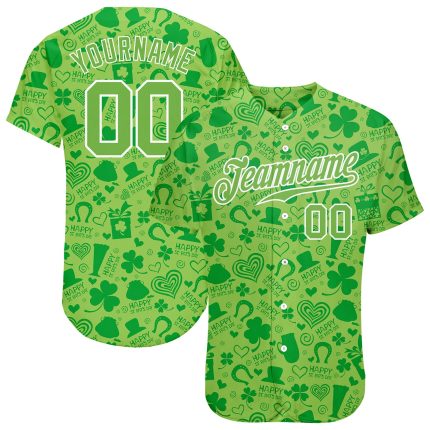 Custom St. Patricks Day Baseball Jersey - Personalized Neon Green 3D Pattern Design with Name and Number Personalized Neon