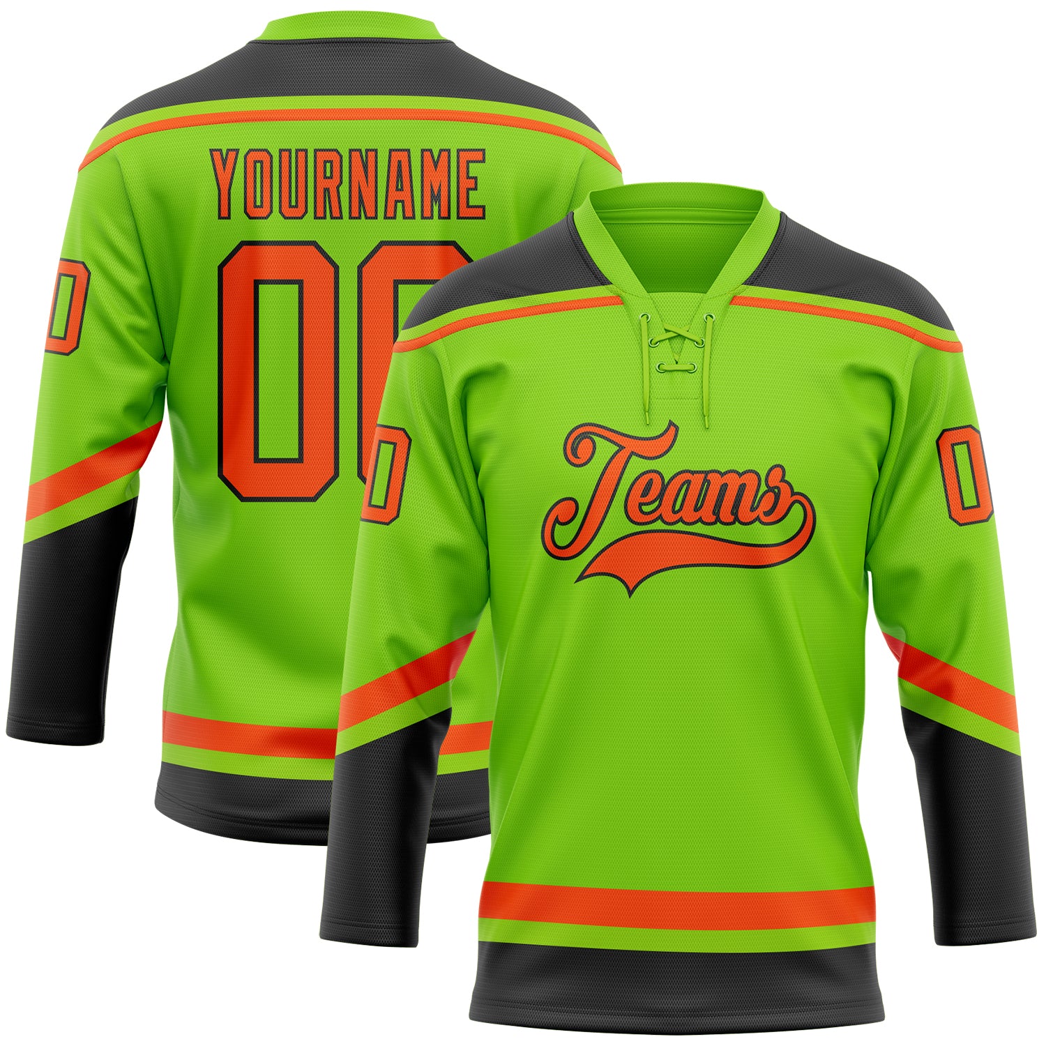 Custom Team Jersey with Personalized Name & Number in Neon Green, Orange & Black Hockey Lace Design Personalized Neon Green