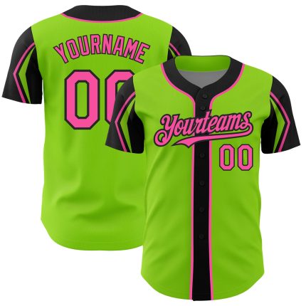 Custom Name and Number Baseball Jersey in Neon Green, Pink, Black - Personalized 3-Color Arm Shapes Design Personalized Neon