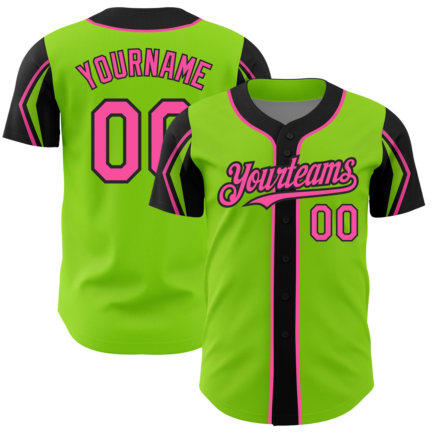 Custom Name and Number Baseball Jersey in Neon Green, Pink, Black - Personalized 3-Color Arm Shapes Design Personalized Neon