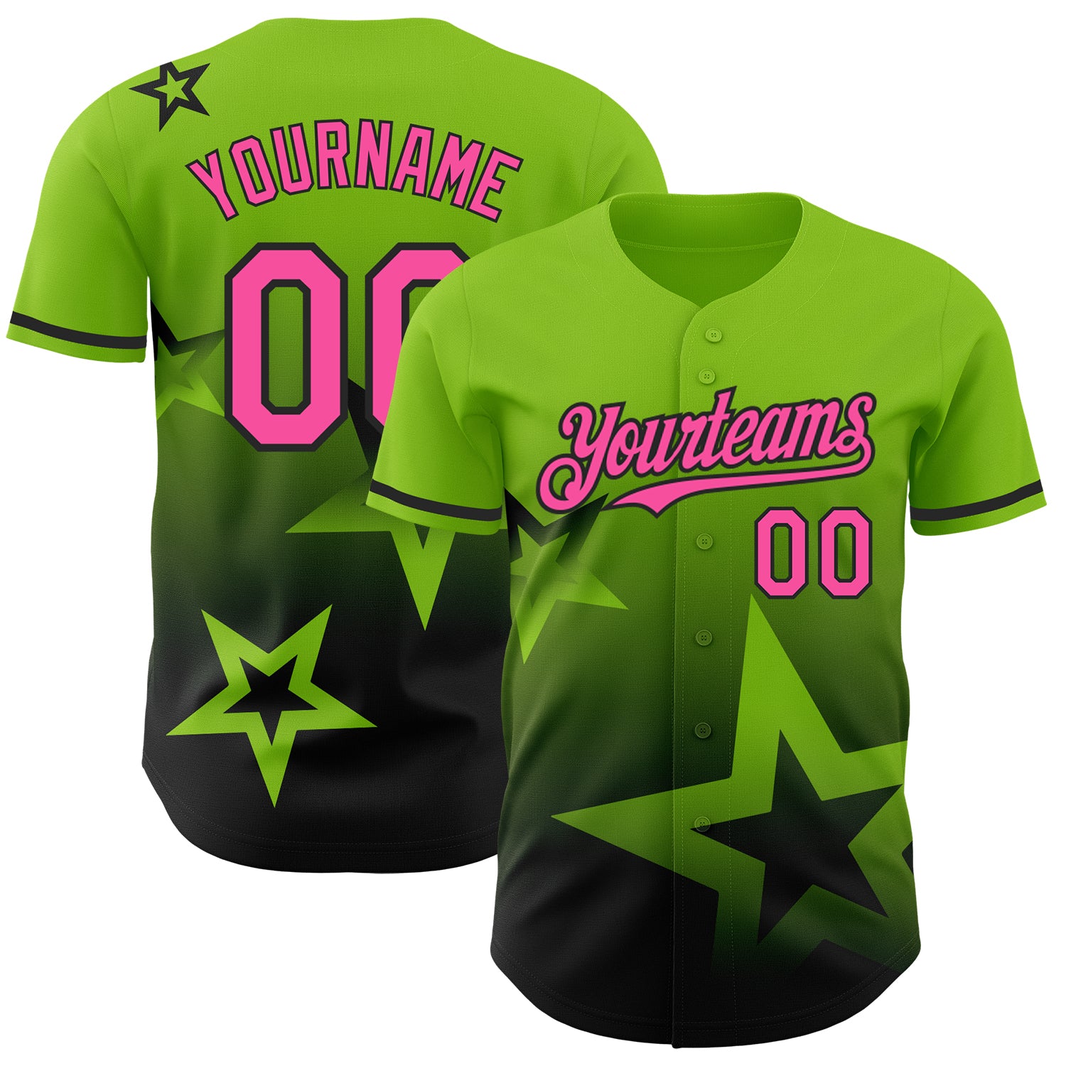 Custom Name and Number Neon Gradient Twinkle Star Baseball Jersey - Personalized 3D Pattern Design in Green, Pink, and Black