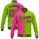 Custom Personalized Gradient Bomber Jacket - Neon Green Pink Black Varsity Full-Snap Fashion with Team Name and Number Personalized