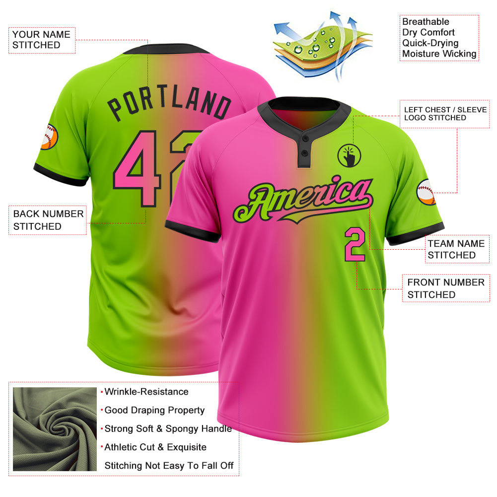 Personalized Neon Green Pink-Black Gradient Fashion Two-Button Unisex Softball Jersey Team Custom Name and Number Custom Neon Green Pink-Black Gradient Softball Jersey Unisex Two-Button with Team Name and Number Personalized Neon Green - Image 3