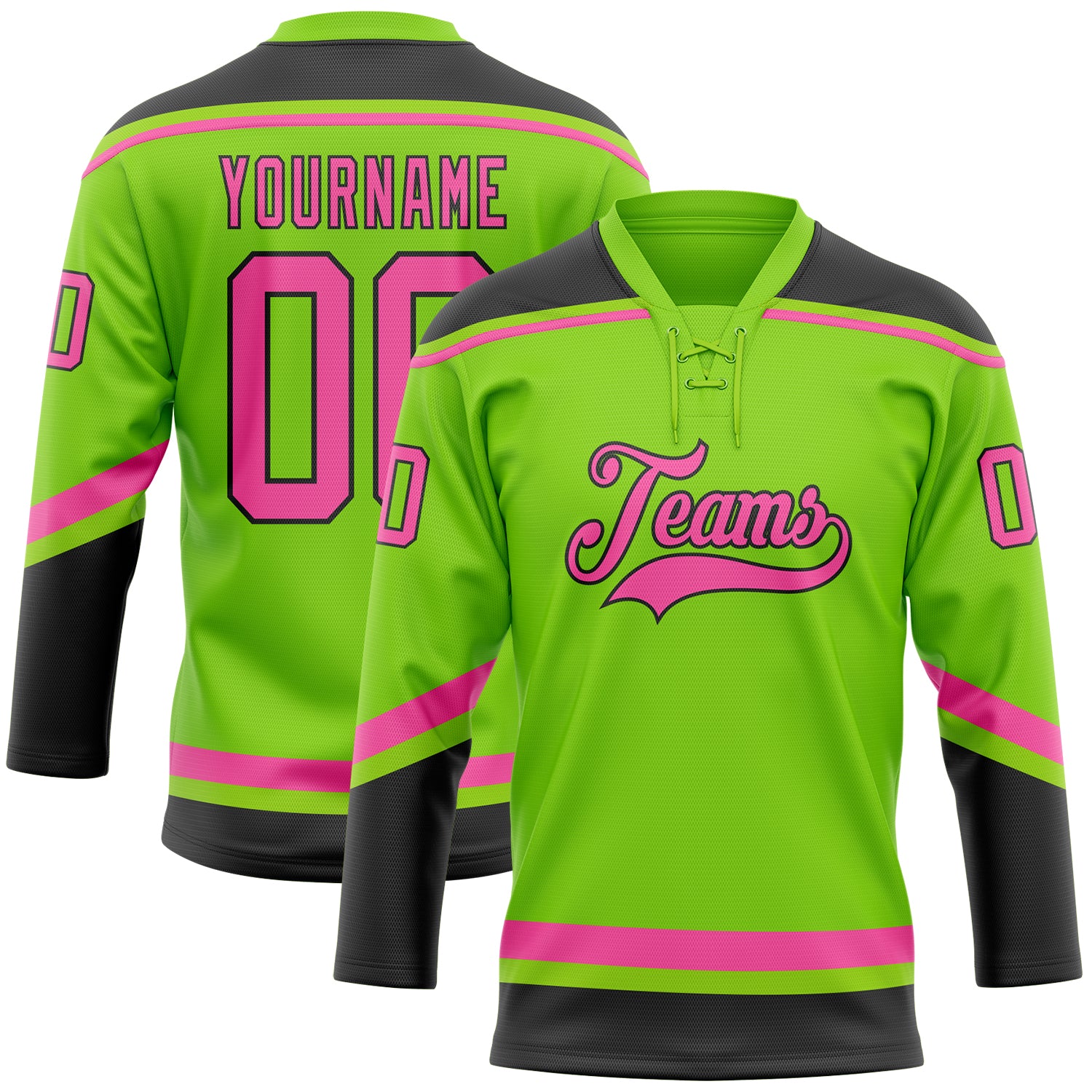 Custom Hockey Jersey with Personalized Name and Number - Neon Green Pink Black Lace Neck Design Personalized Neon Green Pink-Black
