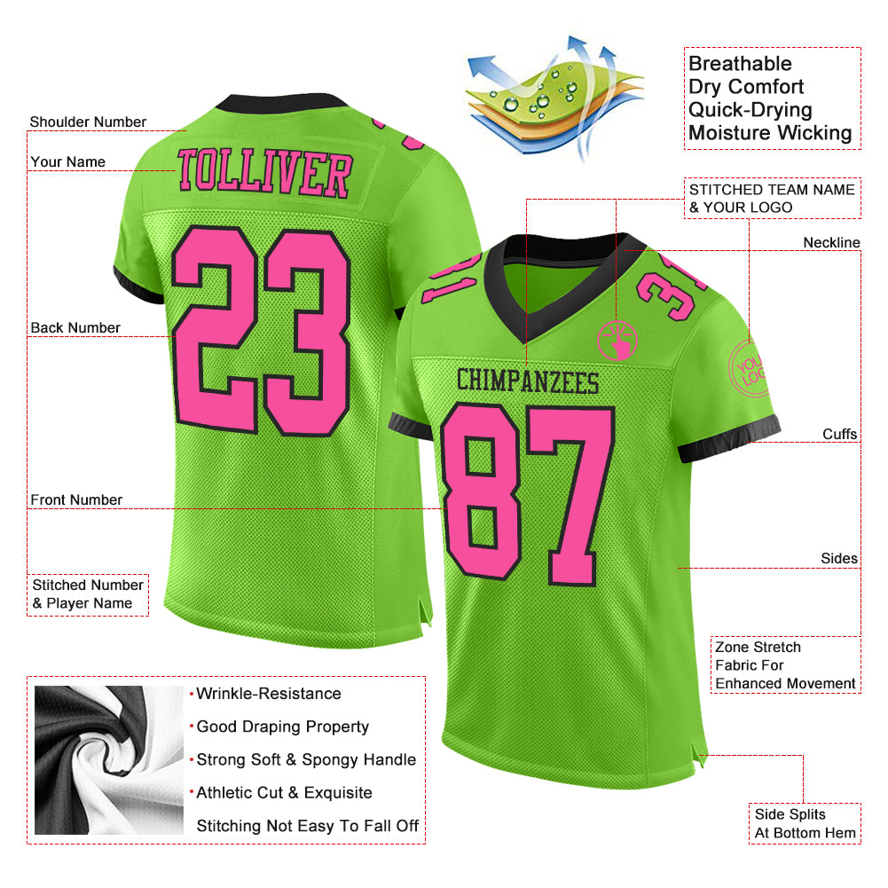 Personalized Neon Green Pink-Black Mesh Authentic Football Jersey Team Custom Name and Number Custom Neon Green Pink-Black Mesh Football Jersey with Personalized Name and Number - Authentic Team Apparel Personalized - Image 2