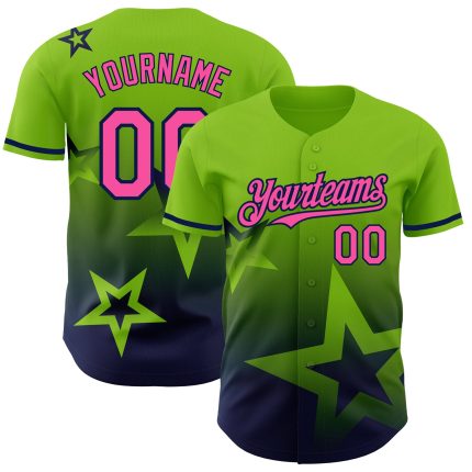 Custom Name & Number Authentic Baseball Jersey - Personalized Neon Green Pink Navy 3D Twinkle Star Gradient Design Personalized