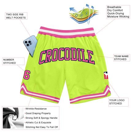 Custom Neon Green Pink Navy Basketball Shorts with Personalized Name and Number - Authentic Throwback Style Personalized