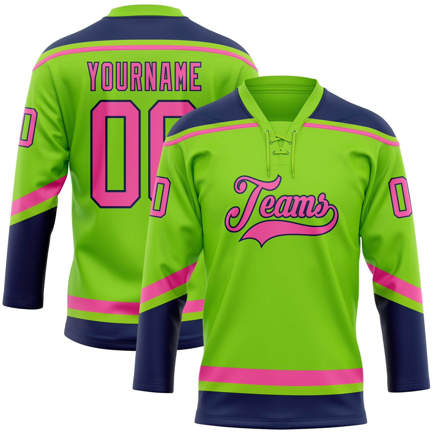 Custom Neon Green Pink Navy Hockey Jersey with Personalized Name and Number - Lace Neck Design Personalized Neon Green Pink-Navy